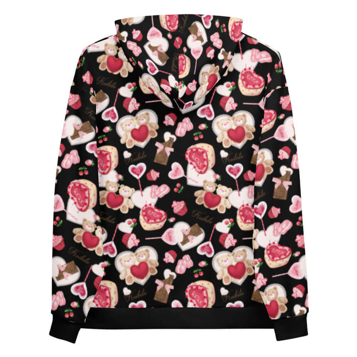 Sugar Sweetheart kawaii hoodie with XOXO heart cakes and heart-shaped macarons