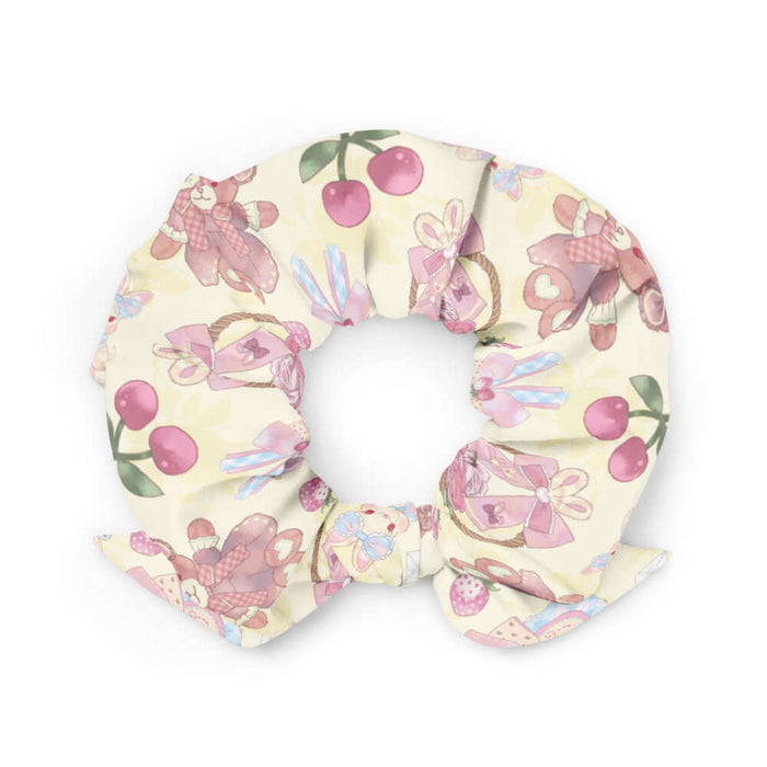 Sweet Teddy kawaii scrunchie in pastel with rose baskets and cherries