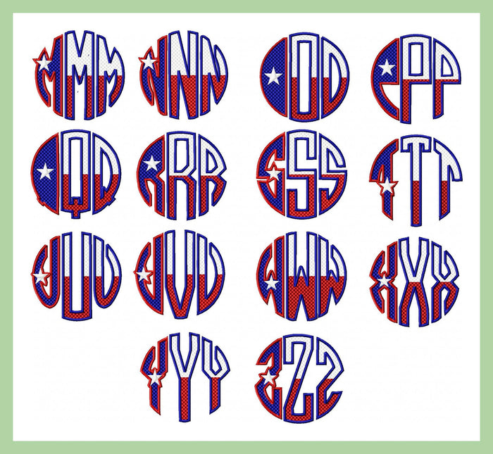 Texas Flag Circle Monogram Font 2.5 and 3 inch Sizes