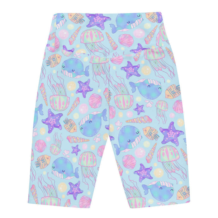 Under the Sea kawaii biker shorts in blue with pink jellyfish and coral seashells