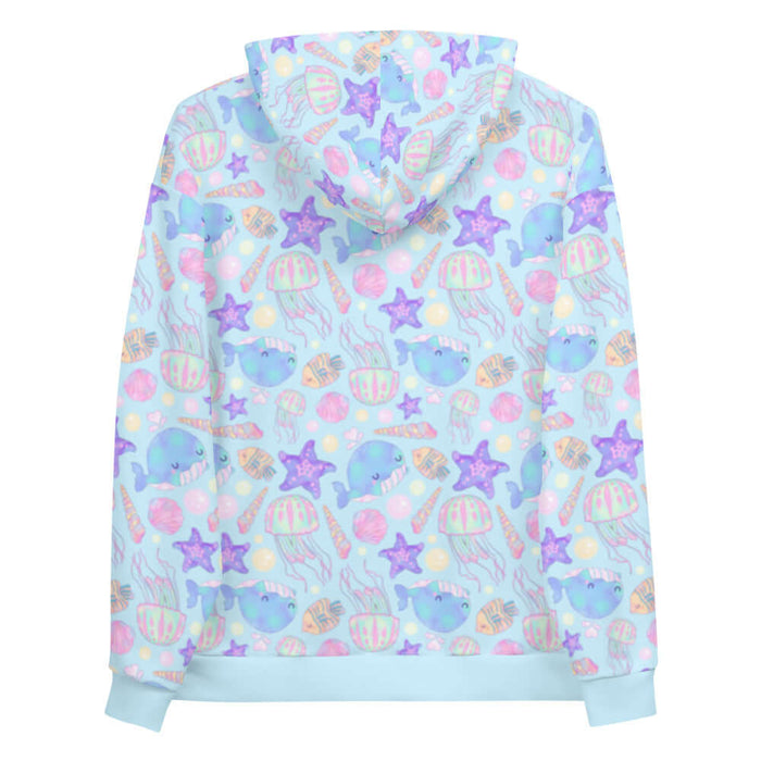 Under the Sea kawaii hoodie in blue with pink jellyfish and golden bubbles