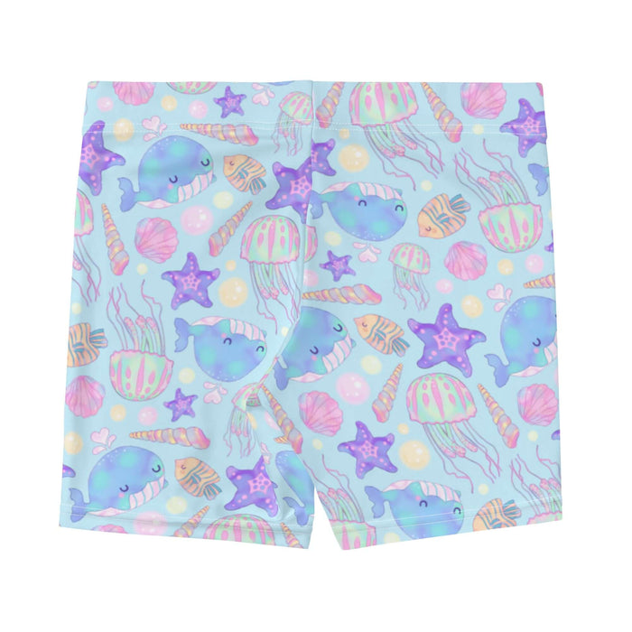 Under the Sea kawaii shorts in blue with coral seashells and peach-striped tropical fish
