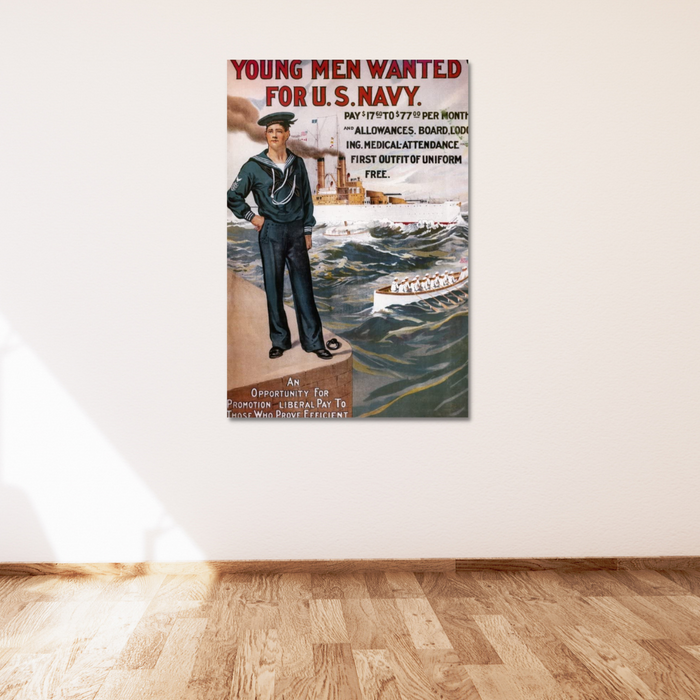 A reproduction of a vintage 1917 U.S. Navy recruitment poster adorns the blank wall, showcasing a sailor and battleship with enticing text on pay and allowances.