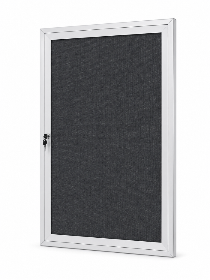 90 x 60 CM Notice Board With Door And Lock Pin Board For Office And School Grey Felt