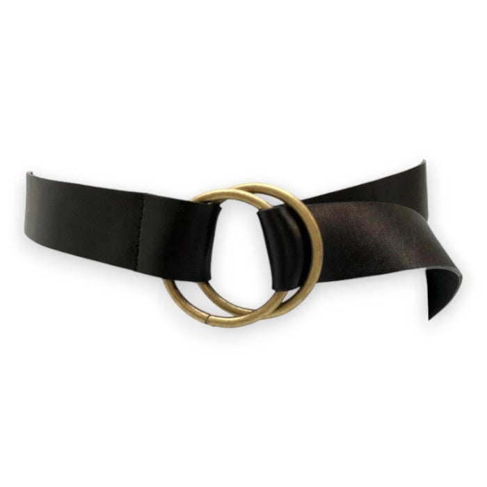 The ADA - JOSIE BELT by ADA is a brown leather belt featuring two overlapping brass rings as the buckle, displayed flat on a white background.