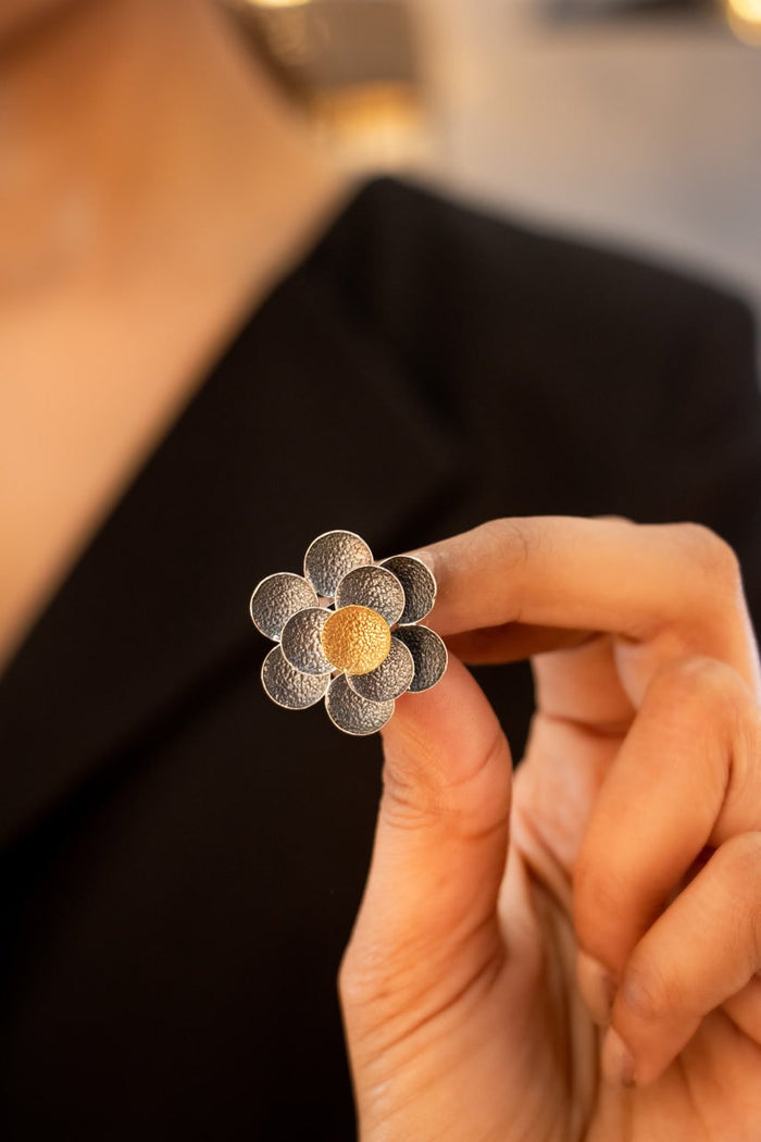 Adya Dual Tone Textured Flower Stud Earring