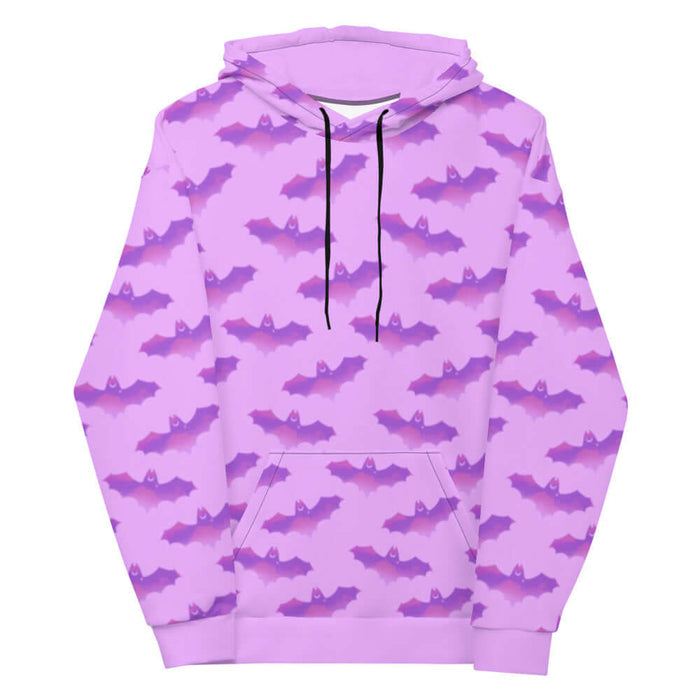 Aensland gothic hoodie in pink with watercolor bats and crescent moons