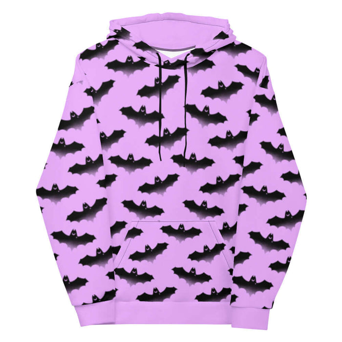 Aensland pastel-goth hoodie in pink with watercolor bats and drifting clouds