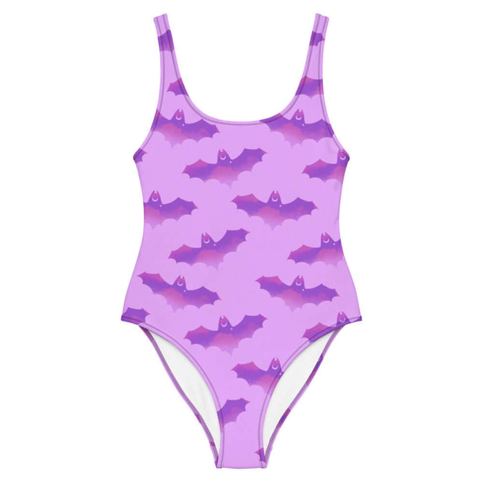 Aensland gothic one-piece swimsuit in pink with watercolor bats and crescent moons