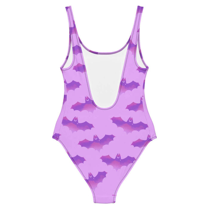 Aensland pastel-goth one-piece swimsuit in pink with bat print and pastel clouds