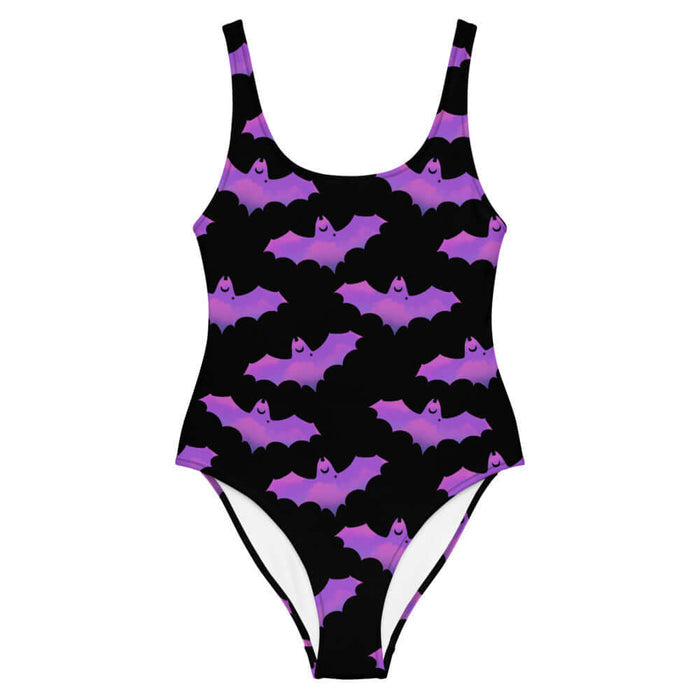 Aensland alternative one-piece swimsuit in pink with painterly bats and tiny crescent moons