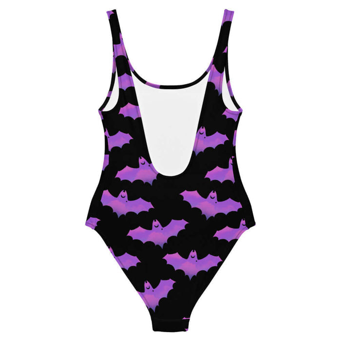 Aensland gothic one-piece swimsuit in pink with dusky bats and soft clouds