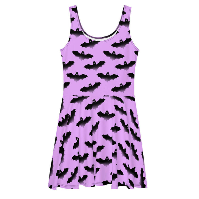Aensland pastel-goth skater dress in pink with watercolor bats and drifting clouds