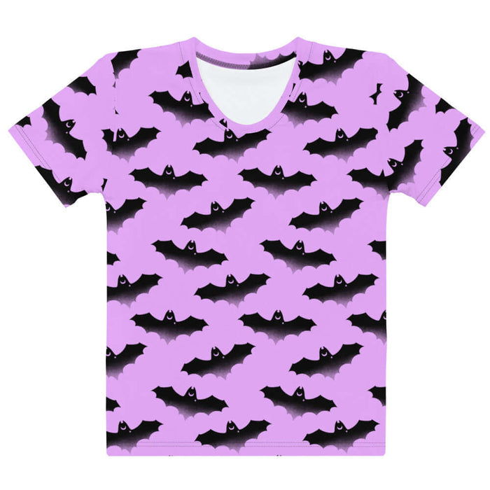 Aensland pastel-goth tee in pink with watercolor bats and drifting clouds
