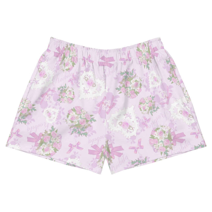 Anniversary kawaii athletic shorts in blush and periwinkle with satin ribbon bows and strands of pearls