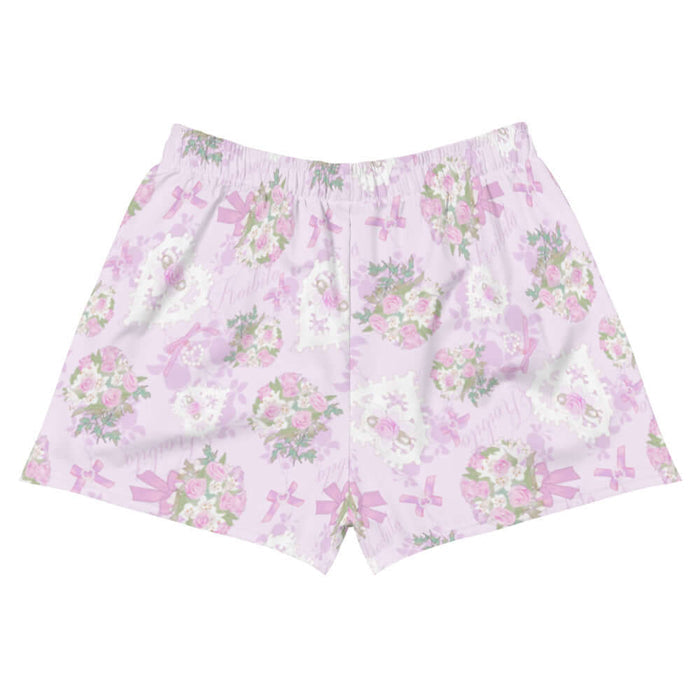Anniversary kawaii athletic shorts in blush and periwinkle with strands of pearls and baby's breath