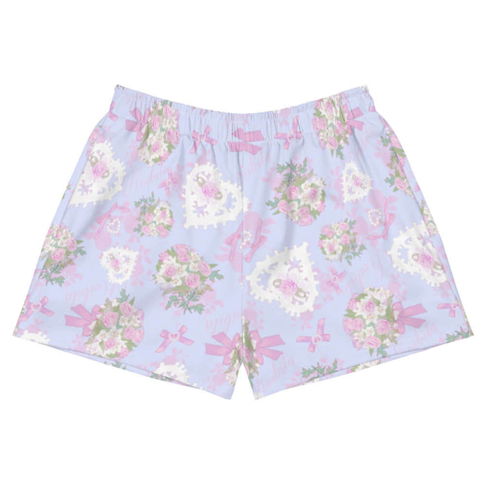 Anniversary kawaii athletic shorts in blush and periwinkle with baby's breath and damask roses