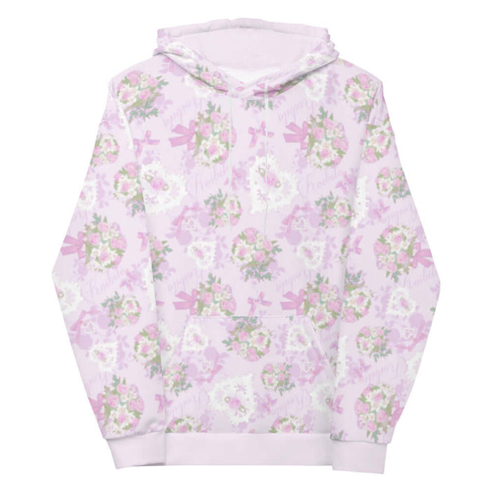 Anniversary kawaii hoodie in blush and periwinkle with damask roses and lace heart lockets