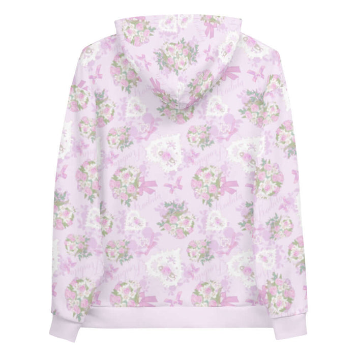 Anniversary kawaii hoodie in pink with lace heart lockets and trailing rose sprigs