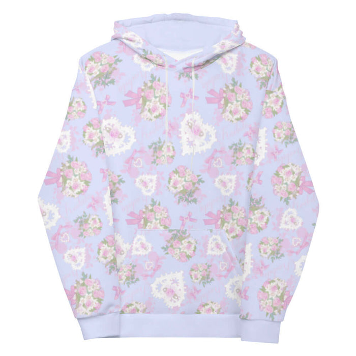 Anniversary kawaii hoodie in blush and periwinkle with trailing rose sprigs and lace hearts