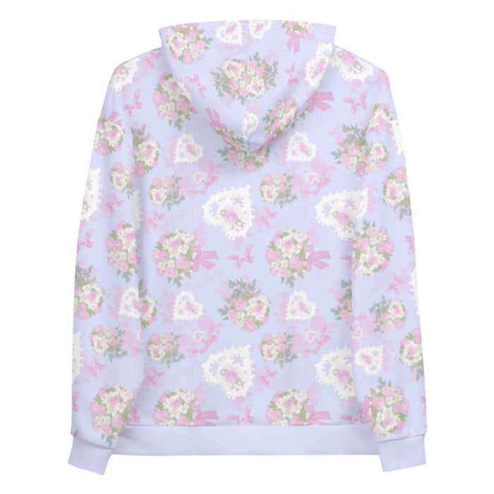 Anniversary kawaii hoodie in blush and periwinkle with pink rose bouquets and lace hearts