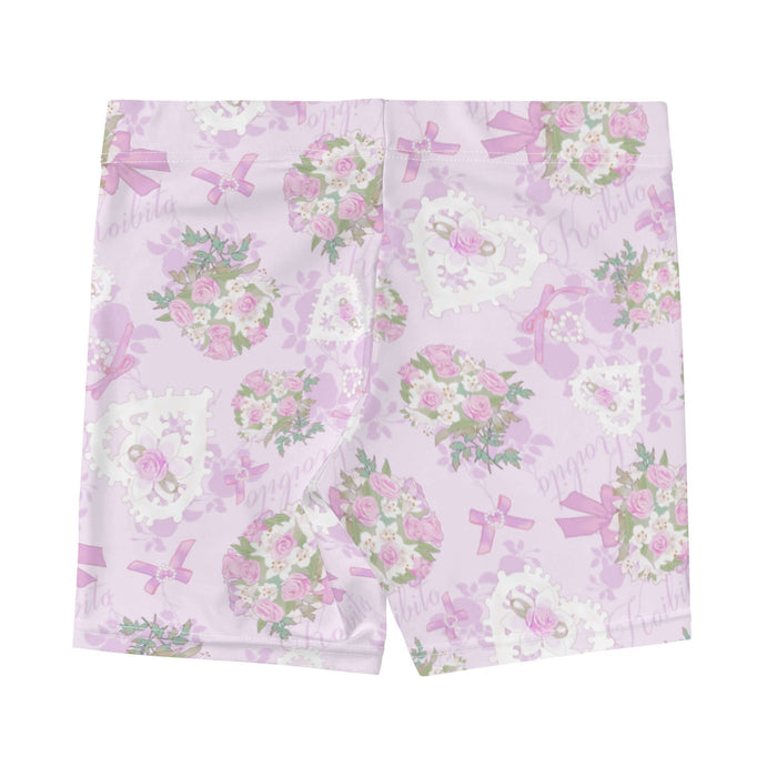 Anniversary kawaii shorts in pink with lace heart lockets and trailing rose sprigs