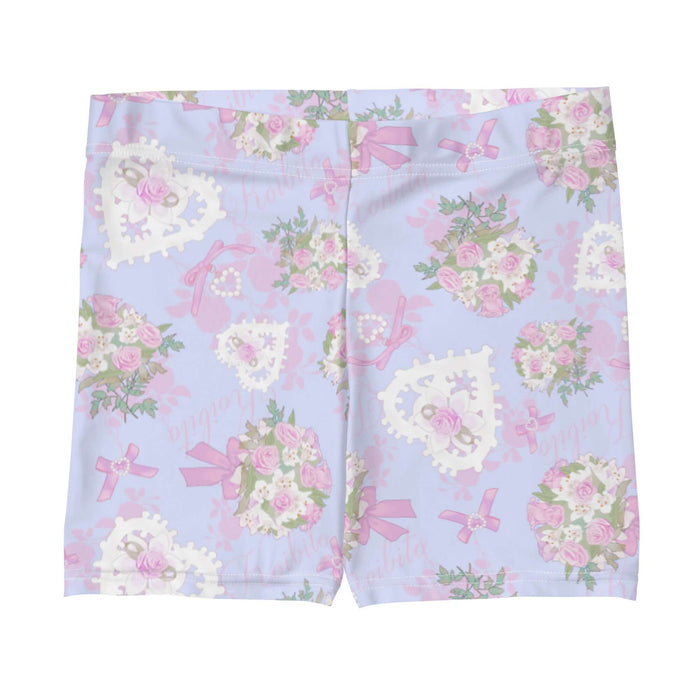 Anniversary kawaii shorts in blush and periwinkle with trailing rose sprigs and lace hearts