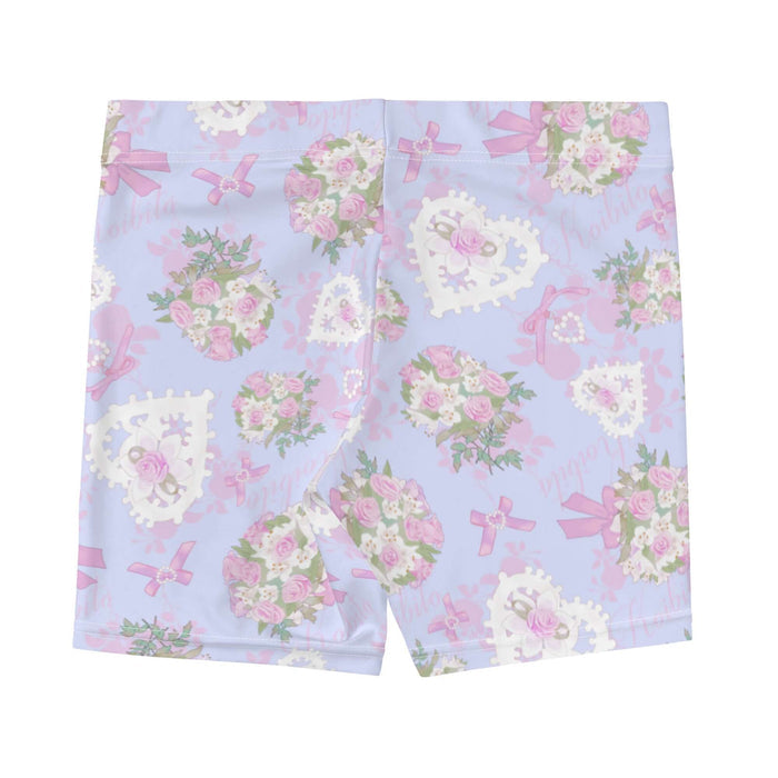 Anniversary kawaii shorts in blush and periwinkle with pink rose bouquets and lace hearts