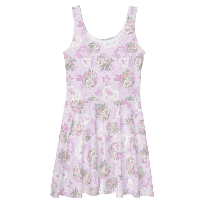 Anniversary kawaii skater dress in lilac with lace hearts and satin ribbon bows
