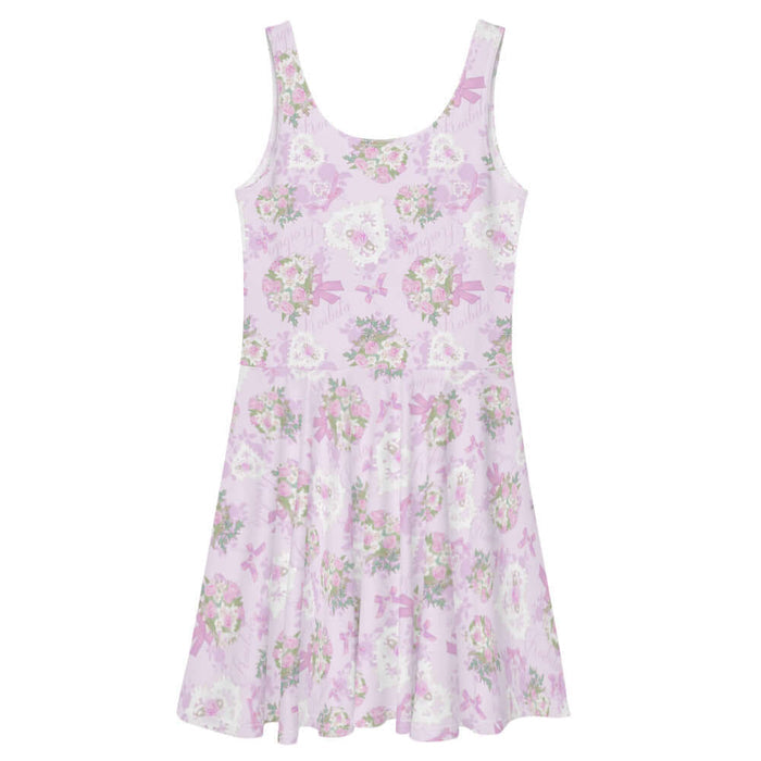 Anniversary kawaii skater dress in blush and periwinkle with satin ribbon bows and strands of pearls