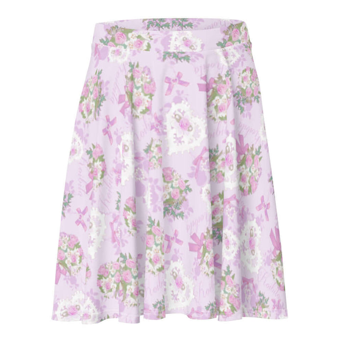 Anniversary kawaii skater skirt in lilac with lace heart lockets and trailing rose sprigs
