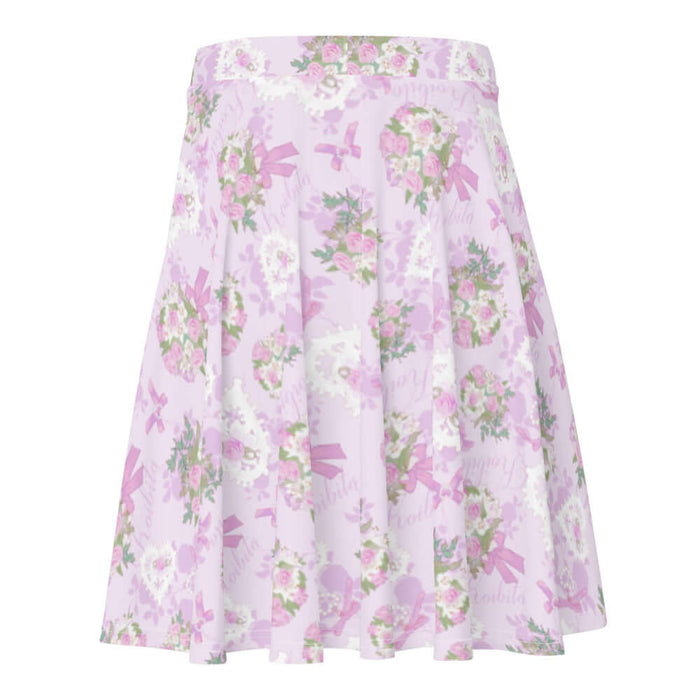 Anniversary kawaii skater skirt in blush and periwinkle with trailing rose sprigs and lace hearts