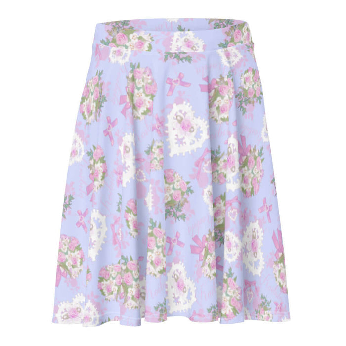 Anniversary kawaii skater skirt in periwinkle with pink rose bouquets and lace hearts