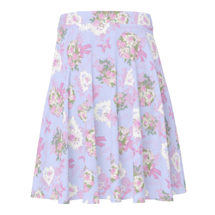 Anniversary kawaii skater skirt in periwinkle with lace hearts and satin ribbon bows