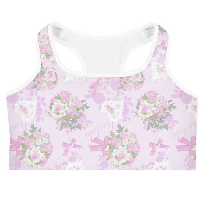 Anniversary kawaii sports bra in blush and periwinkle with lace hearts and satin ribbon bows