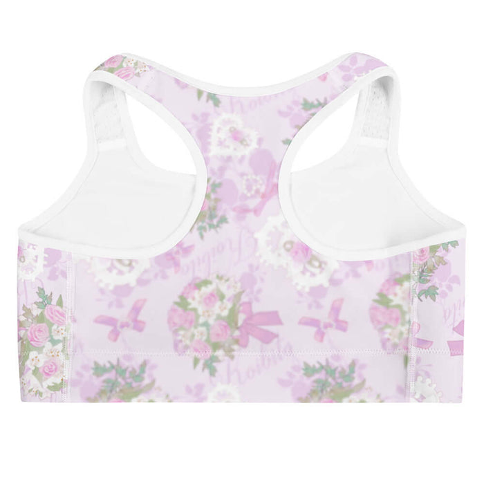 Anniversary kawaii sports bra in pink with satin ribbon bows and strands of pearls