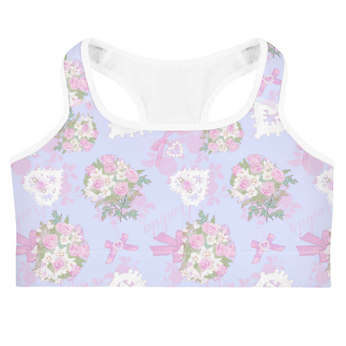 Anniversary kawaii sports bra in blush and periwinkle with lace heart lockets and trailing rose sprigs