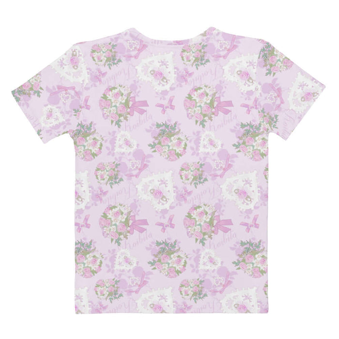 Anniversary kawaii tee in blush and periwinkle with lace heart lockets and trailing rose sprigs