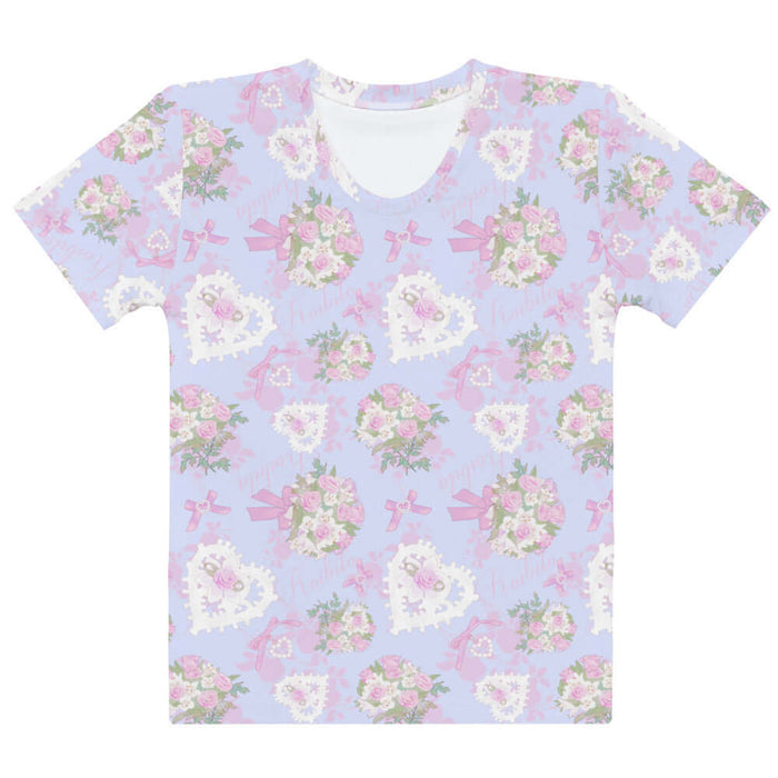 Anniversary kawaii tee in blush and periwinkle with trailing rose sprigs and lace hearts