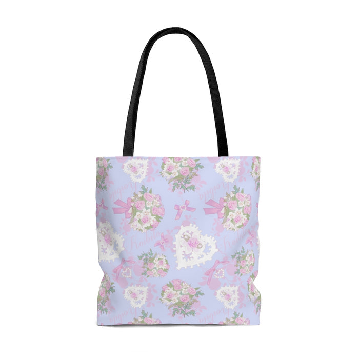 Stylish Anniversary Tote Bag (Lilac) featuring floral patterns, perfect for pastel outfits and everyday use.
