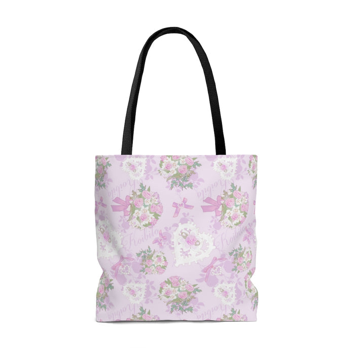 Stylish Anniversary Tote Bag (Pink) features floral patterns and durable cotton straps, perfect for any outing.