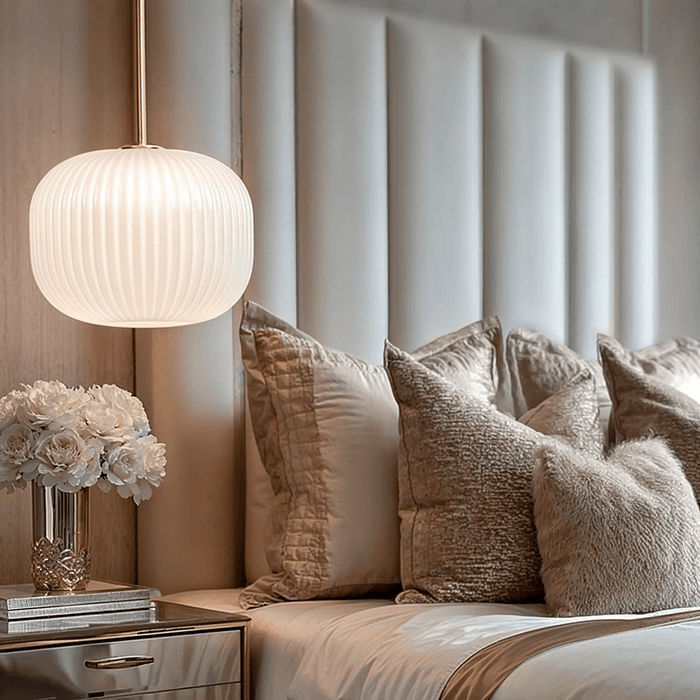 Bellamy White Glass & Gold Ribbed Glass Circular Pendant Ceiling Light Lighting