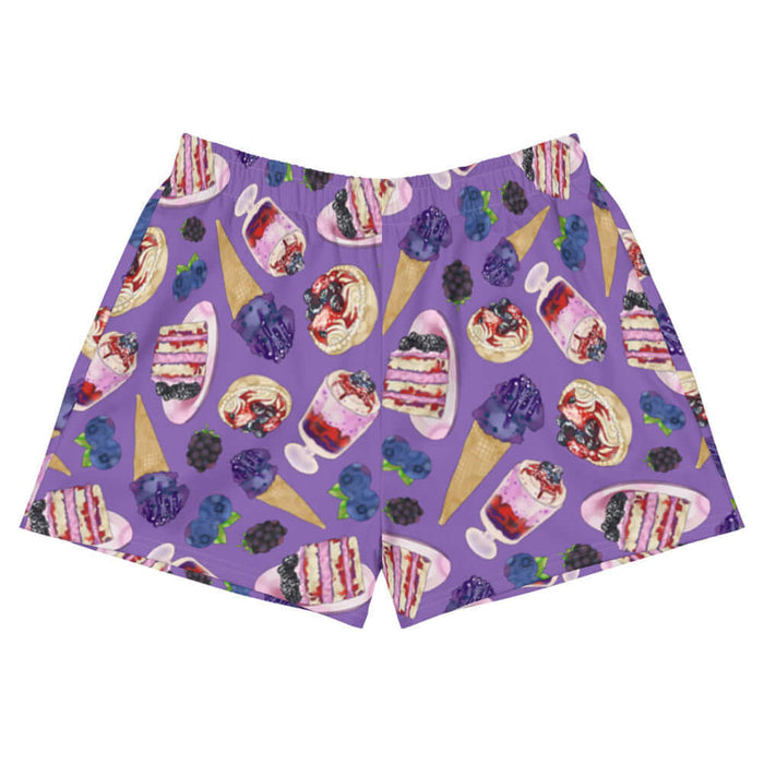 Berry kawaii athletic shorts in violet with green leaf sprigs and berry parfaits