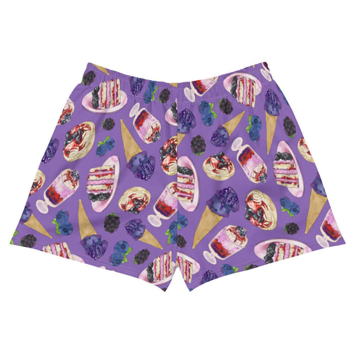 Berry kawaii athletic shorts in violet with berry parfaits and layered berry cake