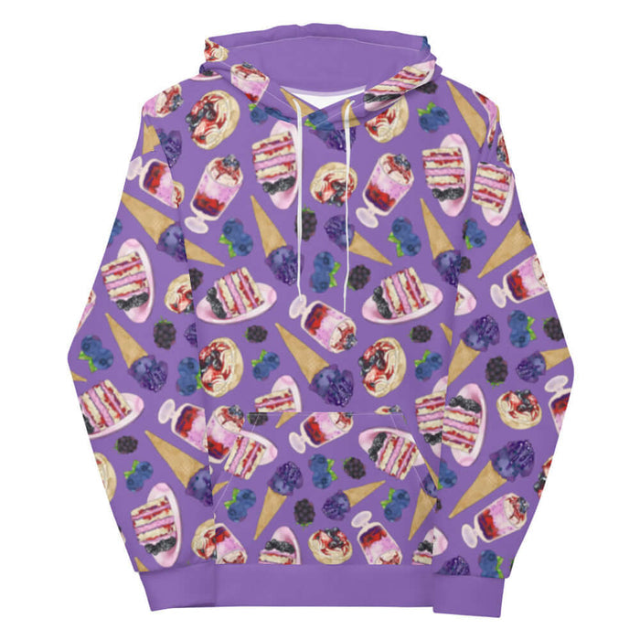 Berry kawaii hoodie in violet with berry cream tarts and blueberry ice cream cones