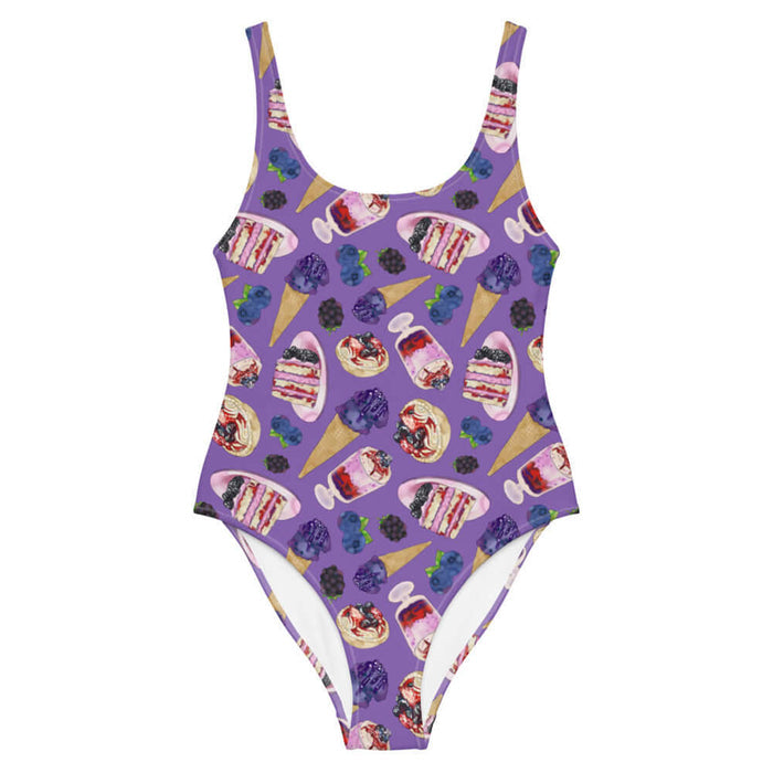 Berry kawaii one-piece swimsuit in violet with plump blackberries and leaf-tucked blueberries