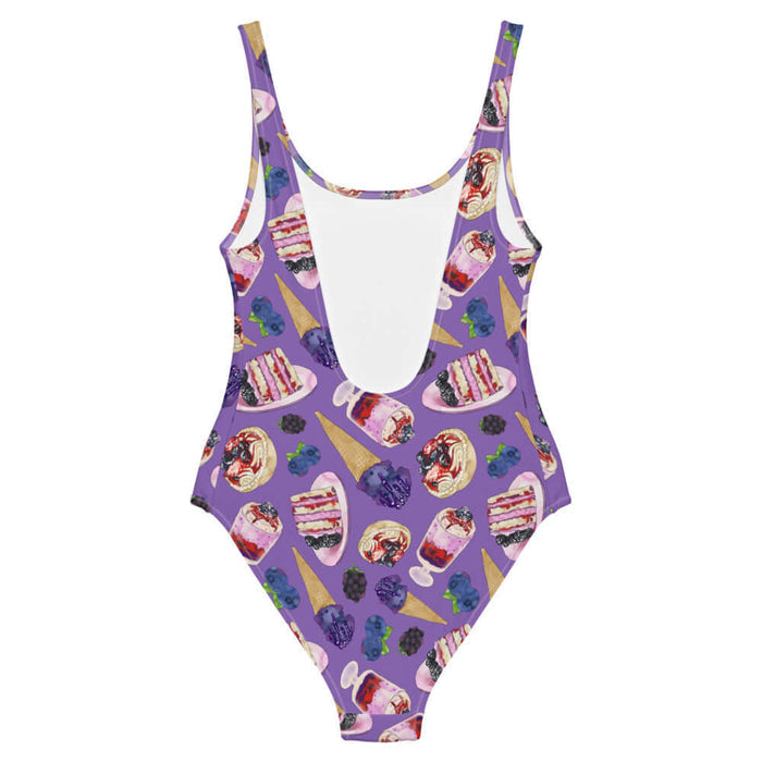 Berry kawaii one-piece swimsuit in violet with leaf-tucked blueberries and glossy jam tarts