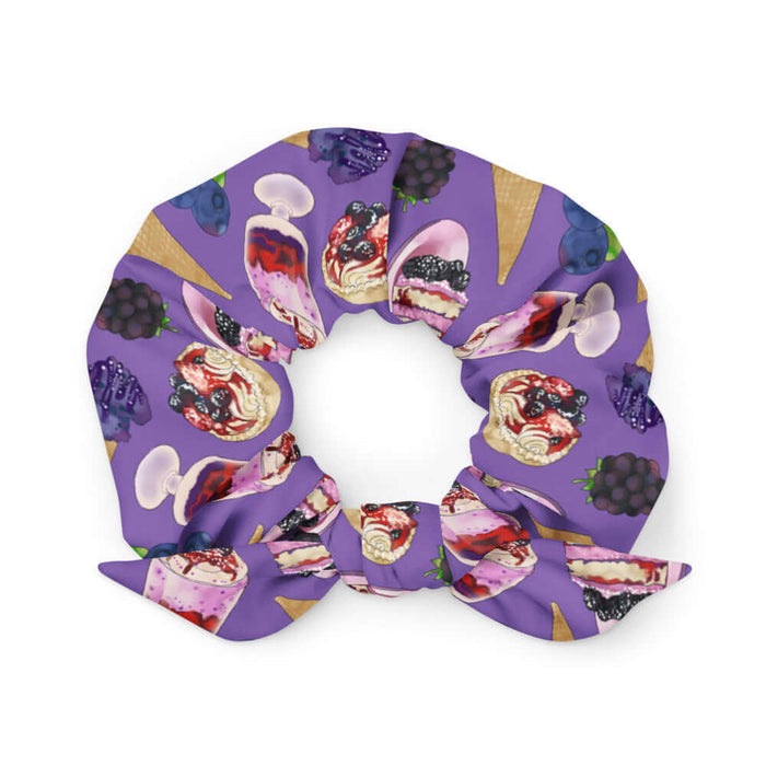 Berry kawaii scrunchie in violet with glossy jam tarts and green leaf sprigs