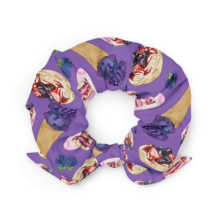 Berry kawaii scrunchie in violet with green leaf sprigs and berry parfaits
