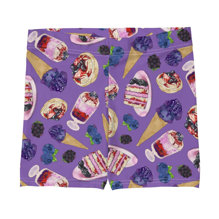 Berry kawaii shorts in violet with glossy jam tarts and green leaf sprigs